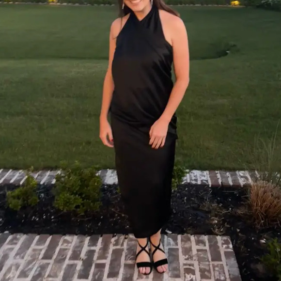 Arias Black Satin Halter Gown Size 2 Cocktail Asymmetric Ruched Maxi Dress $850 - Picture 8 of 11